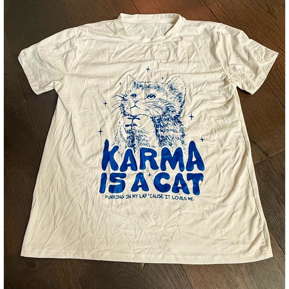Taylor Swift Karma Is A Cat Graphic T-Shirt XS Blue White Short Sleeve
